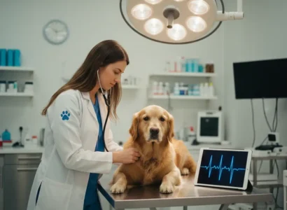Veterinarian checking a dog for a heart murmur in dogs using a stethoscope
