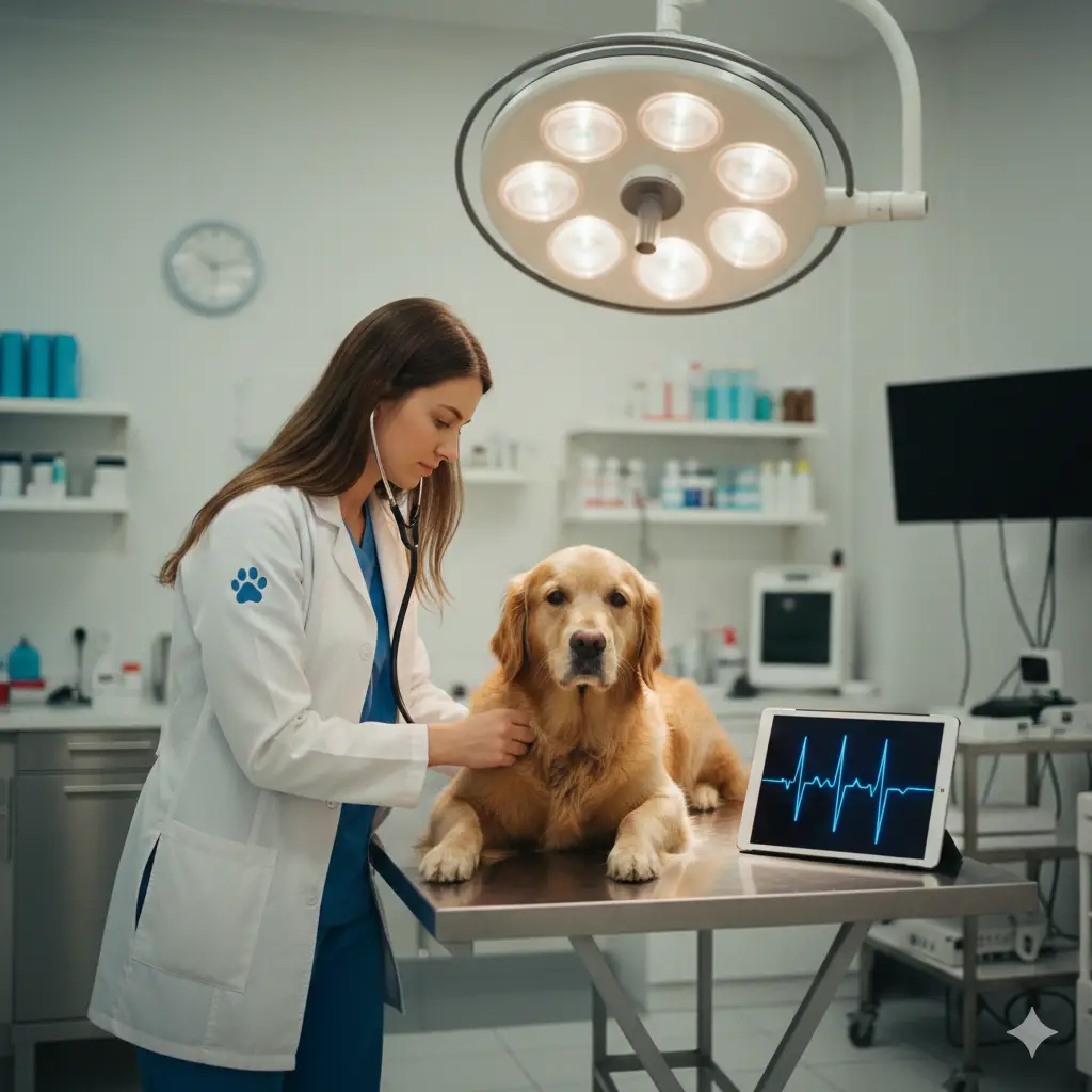 Veterinarian checking a dog for a heart murmur in dogs using a stethoscope